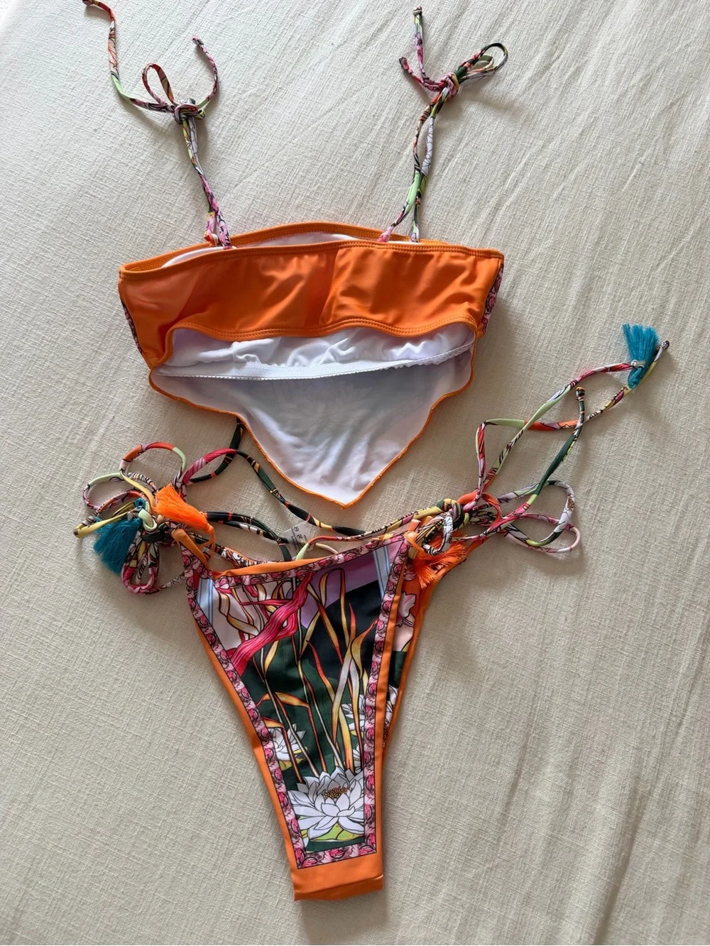 🌺 Orange Floral Scarf Print Tassel Bikini